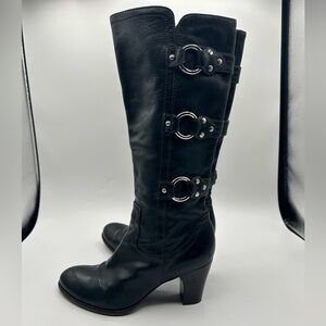 Frye #77237 Fiona 3-Strap Black Leather High Heel Mid Calf Womens Boots Size 8M